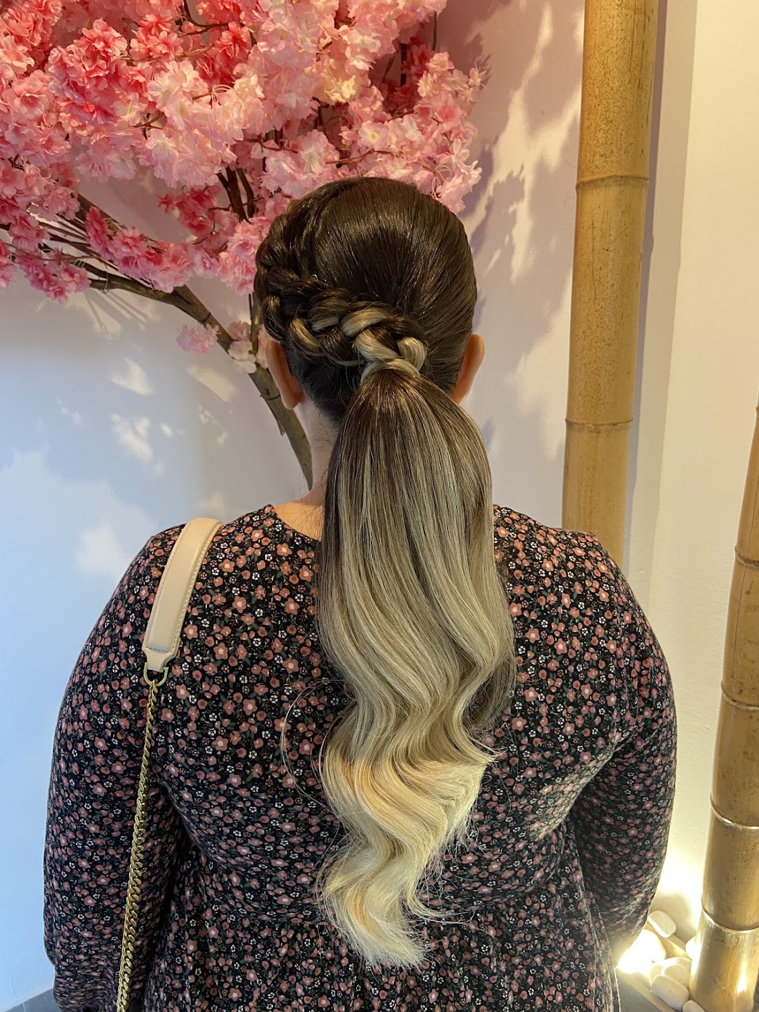 Coleta con trenza y ondas en las puntas, vista de espaldas